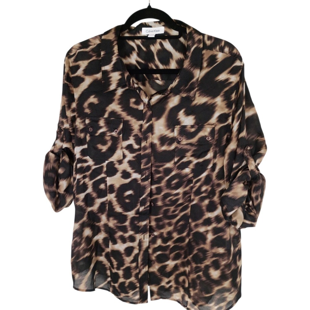 Calvin Klein Leopard Animal Print Roll Tab Button Down Blouse Brown XL